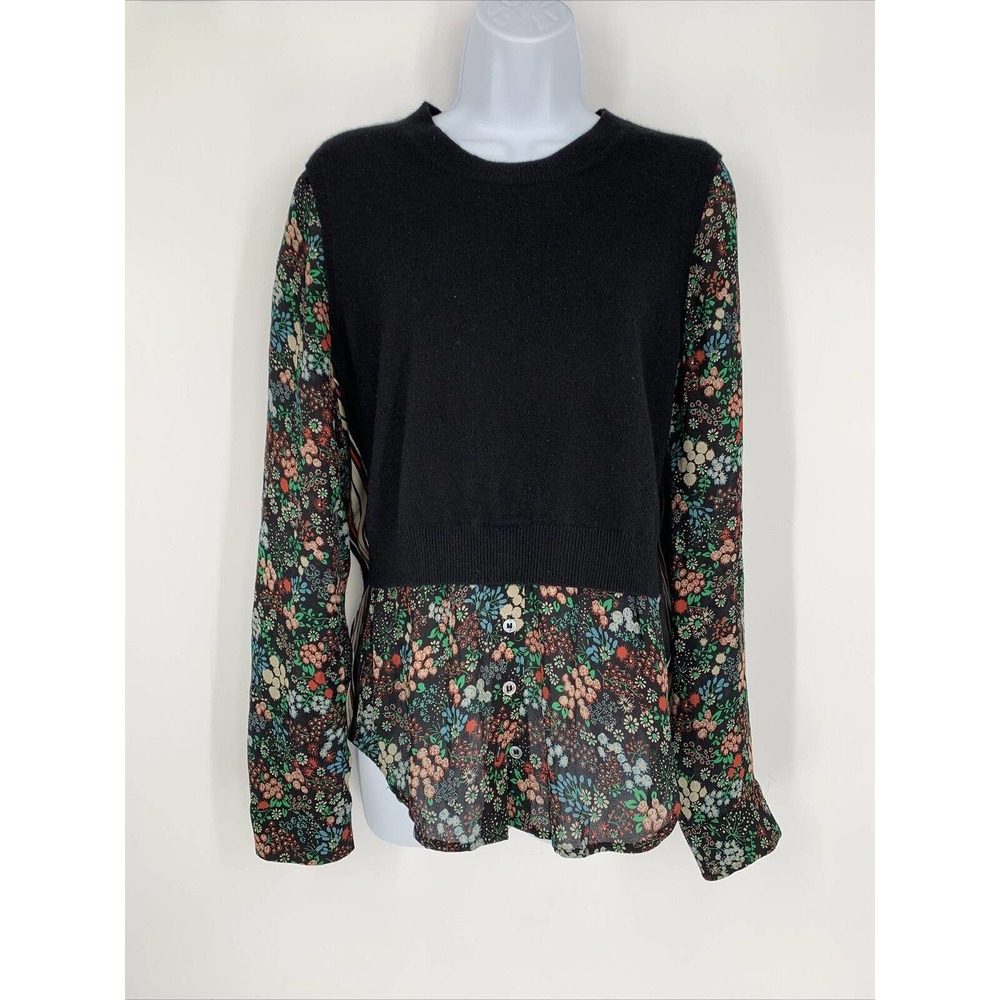 VERONICA Beard Cashmere Silk Shirt Sweater Sz M Black Floral Long Sleeve